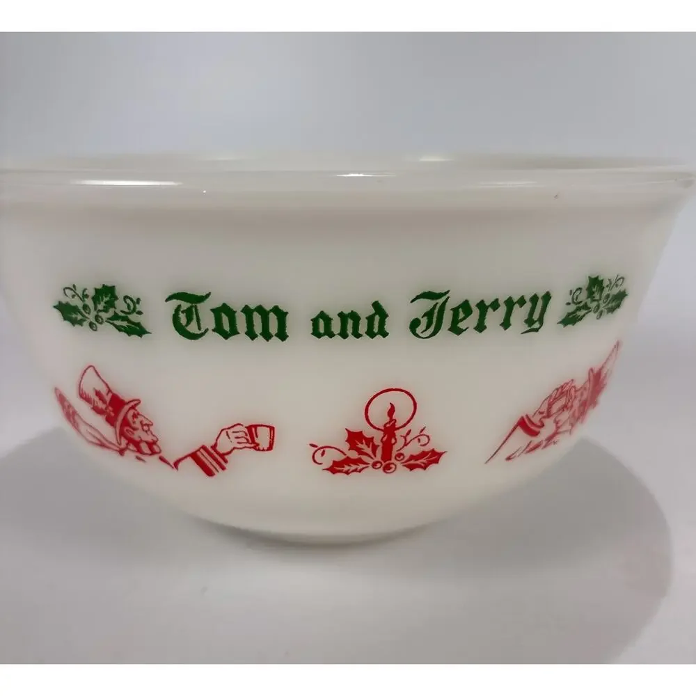 VTG Tom and Jerry Milk Glass Punch Bowl Set 5 Cups Hazel Atlas Christmas Cheers